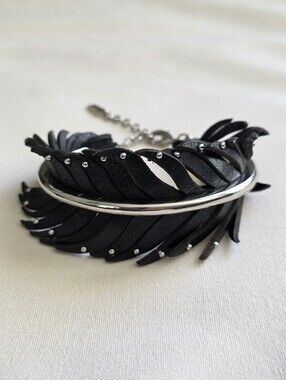 Coach Runway Black Leather Feather Cuff Bracelet Silver Tone Size 6.5